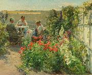 Knud Bergslien Blomstrende haveeksterir med tre kvinder ved et bord Sweden oil painting artist